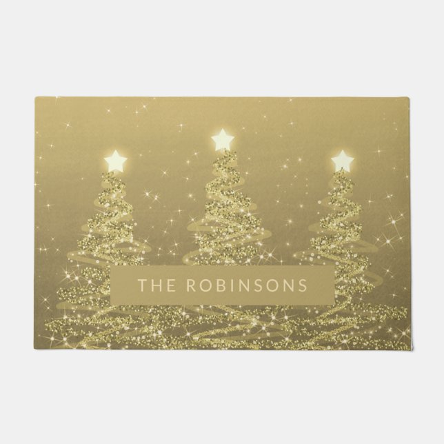 Christmas Sparkling Trees Gold w/ Family Name Doormat (Front)