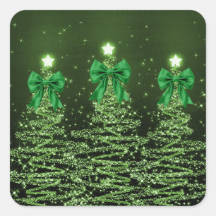 Christmas Sparkling Trees Green Faux Bow Square Sticker