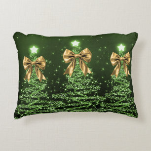 Christmas Sparkling Trees Green Faux Gold Bow  Decorative Cushion