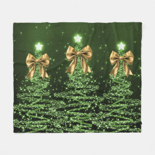 Christmas Sparkling Trees Green Faux Gold Bow Fleece Blanket