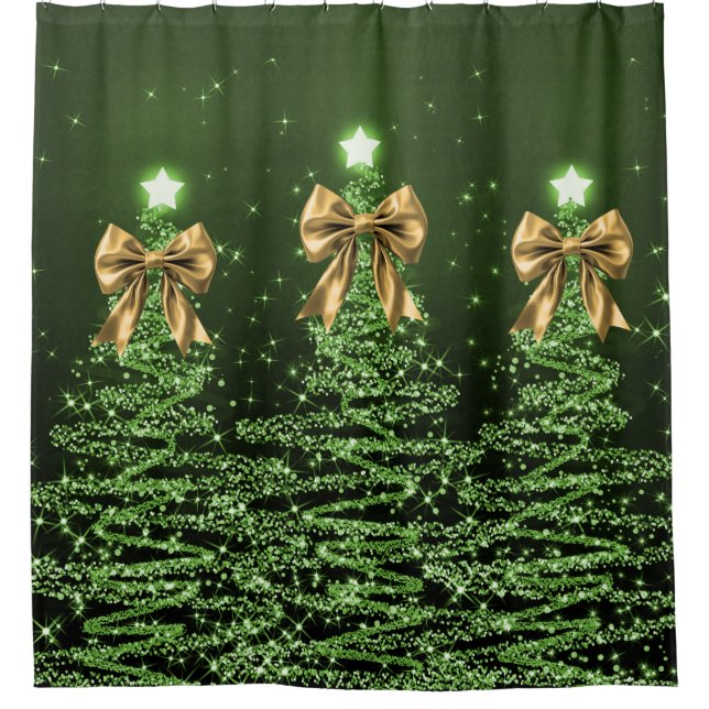 Christmas Sparkling Trees Green Faux Gold Bow  Shower Curtain (Front)