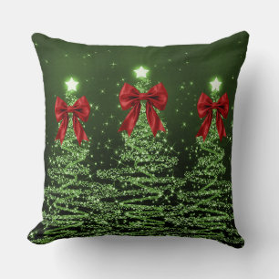 Christmas Sparkling Trees Green Faux Red Bow Cushion