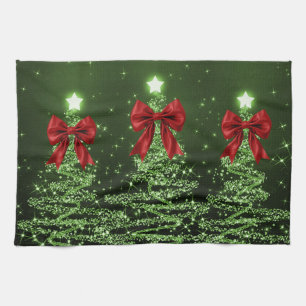 Christmas Sparkling Trees Green Faux Red Bow Tea Towel