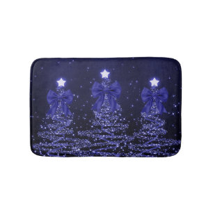 Christmas Sparkling Trees Navy Blue Faux Bow Bath Mat
