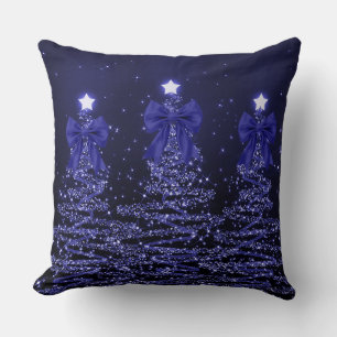 Christmas Sparkling Trees Navy Blue Faux Bow  Cushion