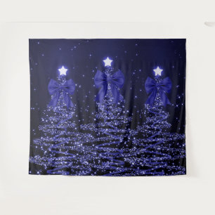 Christmas Sparkling Trees Navy Blue Faux Bow  Tapestry