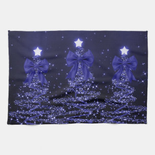 Christmas Sparkling Trees Navy Blue Faux Bow  Tea Towel