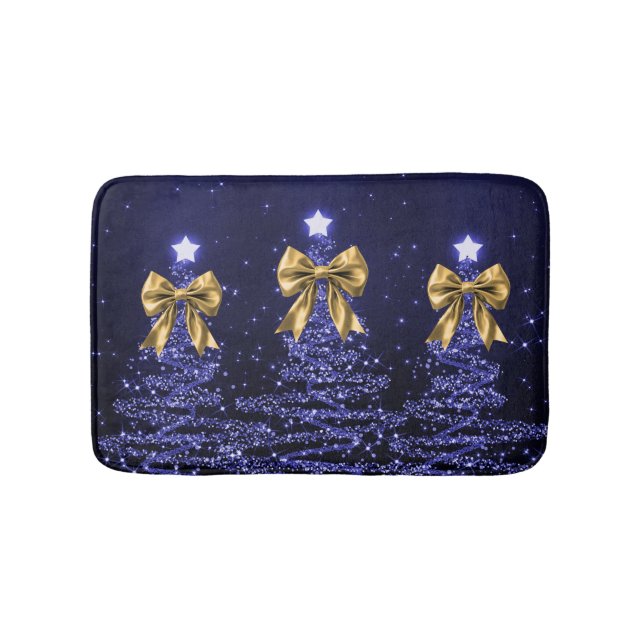 Christmas Sparkling Trees Navy Blue Faux Gold Bow  Bath Mat (Front)