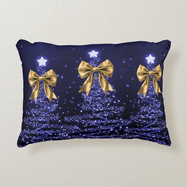 Christmas Sparkling Trees Navy Blue Faux Gold Bow  Decorative Cushion (Front)