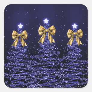 Christmas Sparkling Trees Navy Blue Faux Gold Bow Square Sticker