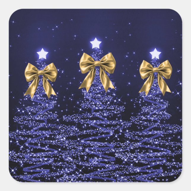 Christmas Sparkling Trees Navy Blue Faux Gold Bow  Square Sticker (Front)