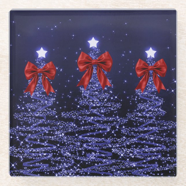 Christmas Sparkling Trees Navy Blue Faux Red Bow  Glass Coaster (Front)