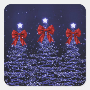 Christmas Sparkling Trees Navy Blue Faux Red Bow Square Sticker