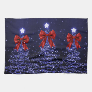Christmas Sparkling Trees Navy Blue Faux Red Bow  Tea Towel