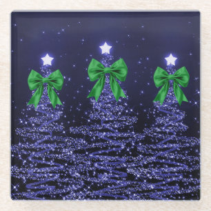 Christmas Sparkling Trees Navy Blue Green Bow Glass Coaster