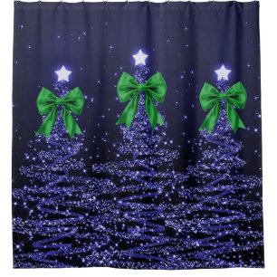 Christmas Sparkling Trees Navy Blue Green Bow  Shower Curtain