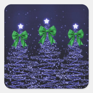 Christmas Sparkling Trees Navy Blue Green Bow Square Sticker