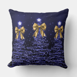 Christmas Sparkling Trees Navy Faux Gold Bow  Cushion