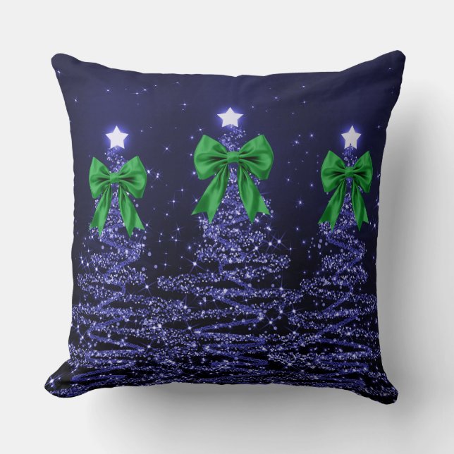 Christmas Sparkling Trees Navy Faux Green Bow  Cushion (Front)