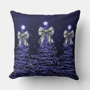 Christmas Sparkling Trees Navy Faux Silver Bow  Cushion
