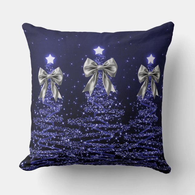 Christmas Sparkling Trees Navy Faux Silver Bow  Cushion (Front)