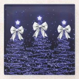 Christmas Sparkling Trees Navy Faux Silver Bow Glass Coaster