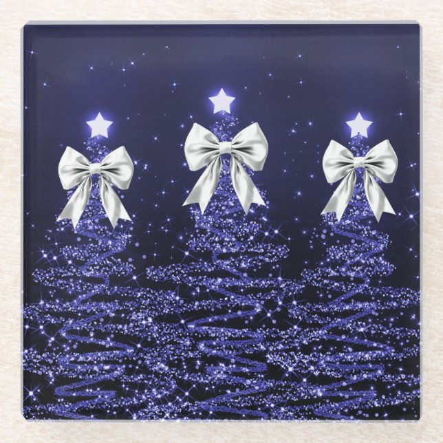 Christmas Sparkling Trees Navy Faux Silver Bow  Glass Coaster (Front)