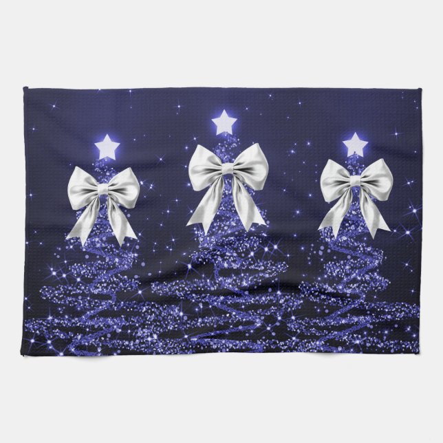 Christmas Sparkling Trees Navy Faux Silver Bow  Tea Towel (Horizontal)