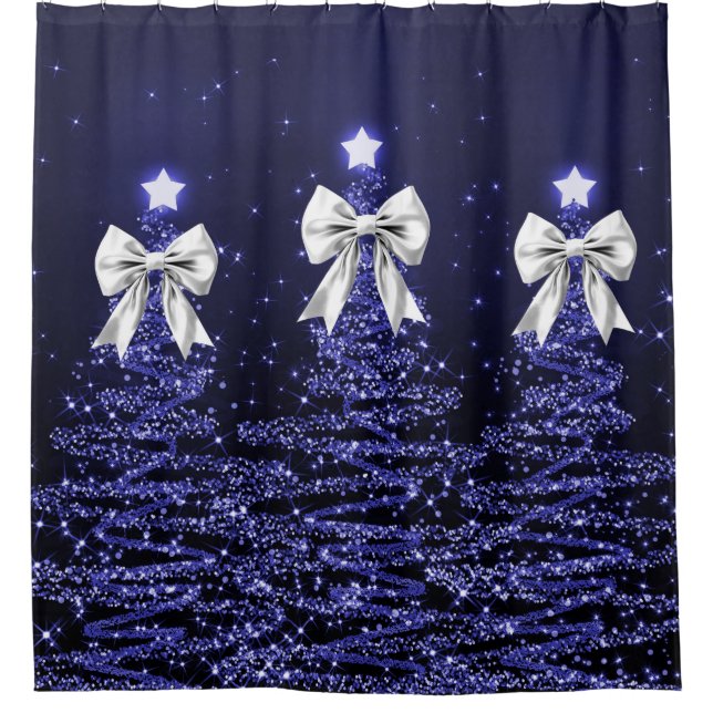 Christmas Sparkling Trees Navy Silver Faux Bow  Shower Curtain (Front)