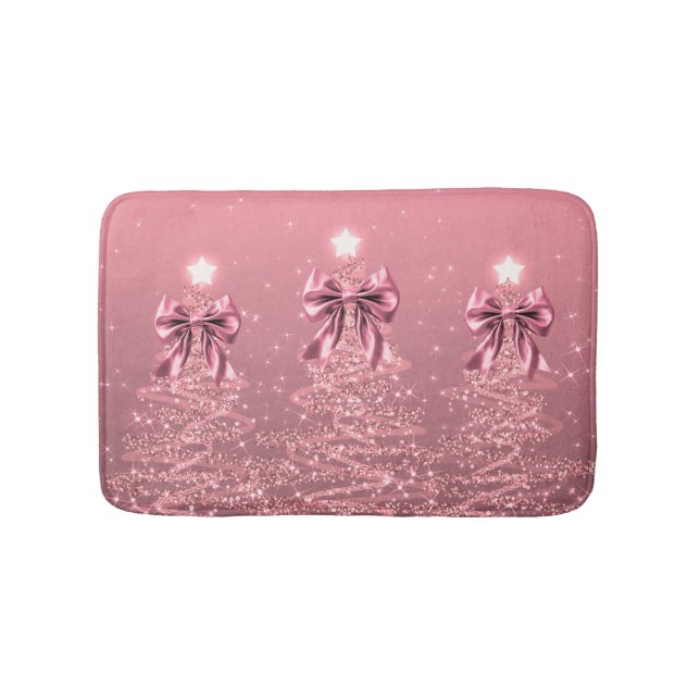 Christmas Sparkling Trees Pink Blush Faux Bow  Bath Mat (Front)