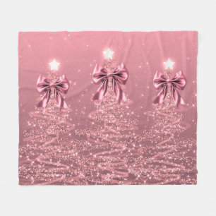 Christmas Sparkling Trees Pink Blush Faux Bow Fleece Blanket