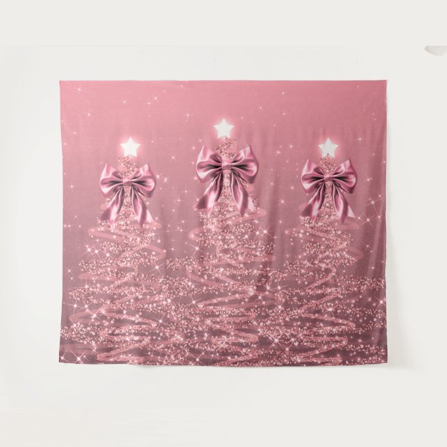 Christmas Sparkling Trees Pink Blush Faux Bow  Tapestry (Front (Horizontal))
