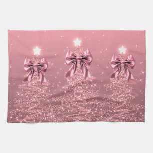 Christmas Sparkling Trees Pink Blush Faux Bow  Tea Towel