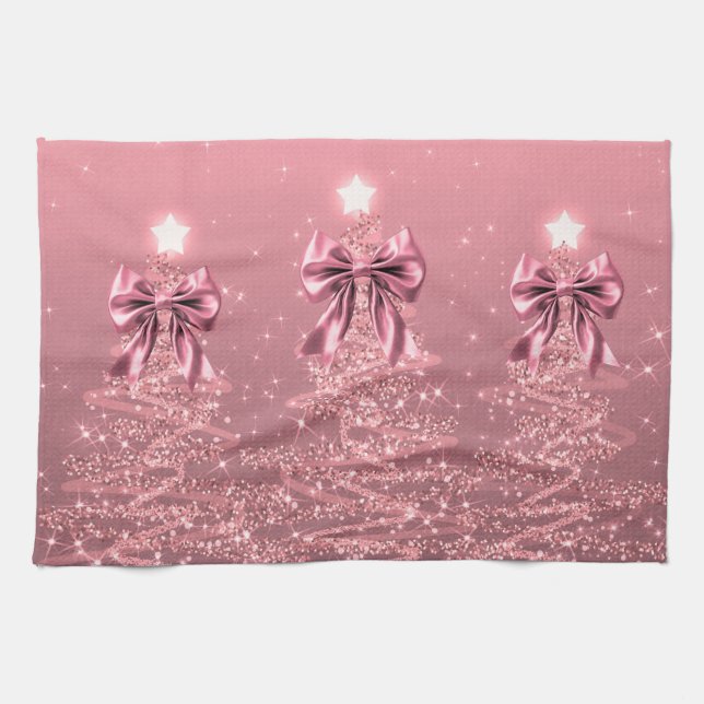 Christmas Sparkling Trees Pink Blush Faux Bow  Tea Towel (Horizontal)