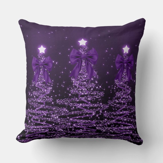 Christmas Sparkling Trees Purple Faux Bow  Cushion (Front)
