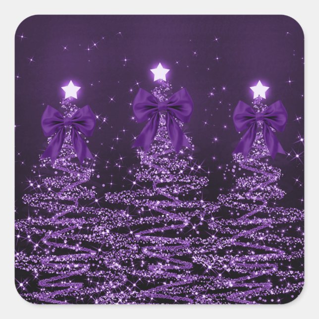 Christmas Sparkling Trees Purple Faux Bow  Square Sticker (Front)