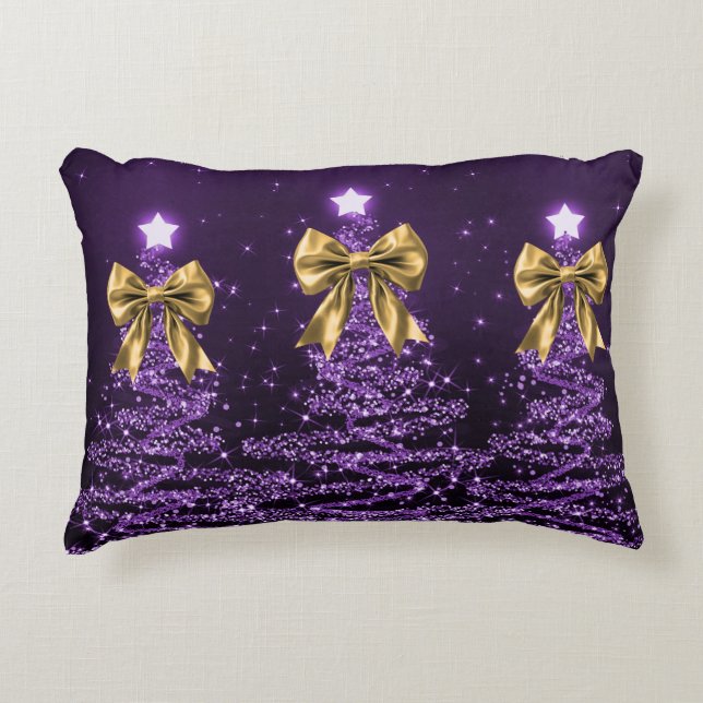 Christmas Sparkling Trees Purple Faux Gold Bow  Decorative Cushion (Front)