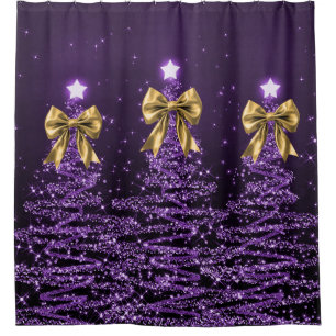 Christmas Sparkling Trees Purple Faux Gold Bow Shower Curtain