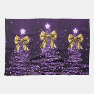Christmas Sparkling Trees Purple Faux Gold Bow  Tea Towel