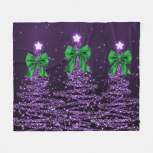 Christmas Sparkling Trees Purple Faux Green Bow Fleece Blanket