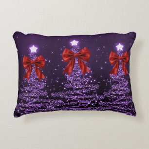 Christmas Sparkling Trees Purple Faux Red Bow Decorative Cushion