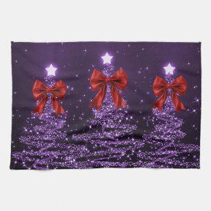 Christmas Sparkling Trees Purple Faux Red Bow  Tea Towel