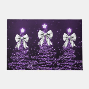 Christmas Sparkling Trees Purple Faux Silver Bow  Doormat