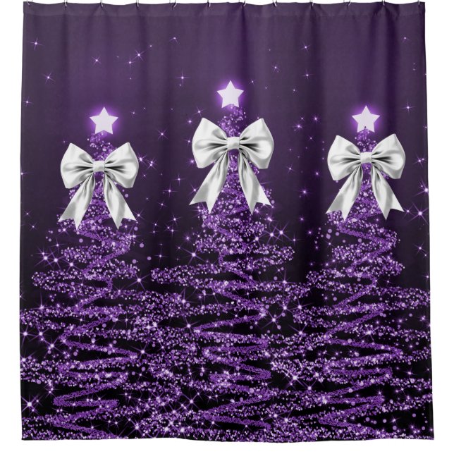 Christmas Sparkling Trees Purple Faux Silver Bow  Shower Curtain (Front)