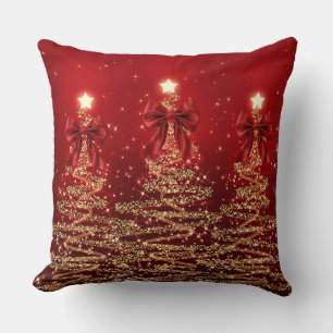Christmas Sparkling Trees Red Gold Faux Bow Cushion