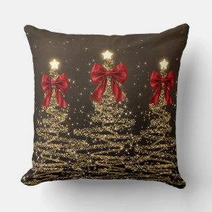 Christmas Sparkling Trees Red Gold Faux Bow  Cushion