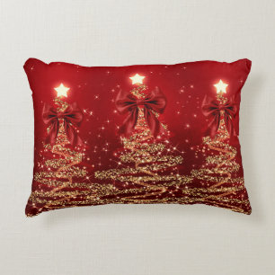 Christmas Sparkling Trees Red Gold Faux Bow  Decorative Cushion