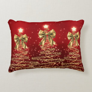Christmas Sparkling Trees Red Gold Faux Bow Decorative Cushion