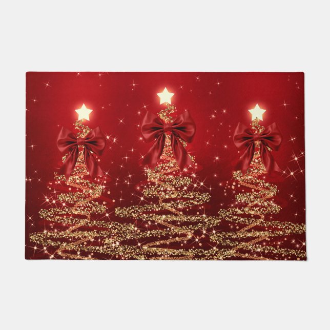 Christmas Sparkling Trees Red Gold Faux Bow  Doormat (Front)