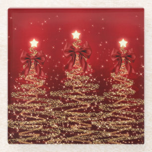 Christmas Sparkling Trees Red Gold Faux Bow  Glass Coaster